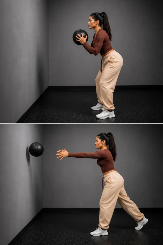 Two-panel image showing a woman performing a medicine ball chest throw against a wall.
