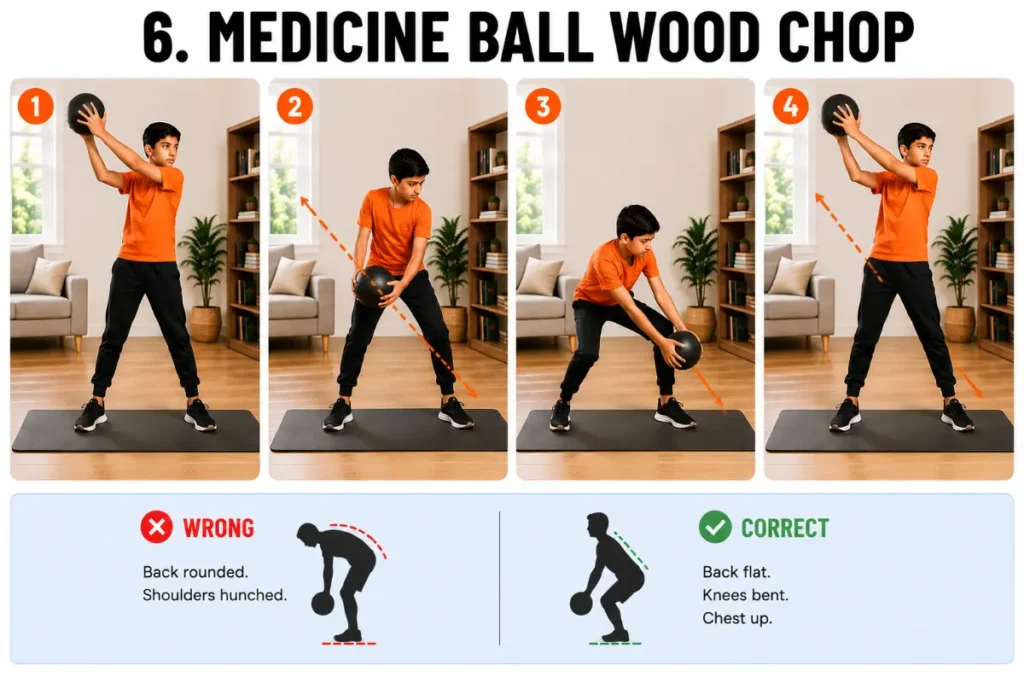 Instructional fitness infographic showing a boy performing a medicine ball wood chop exercise in a home living room. Four large panels demonstrate starting with the ball above the left shoulder, rotating diagonally downward across the body, moving into the power position, and finishing with the ball outside the right knee in an athletic stance. Bottom light-blue strip compares incorrect form with a rounded back versus correct form with a flat back, bent knees, and chest up.