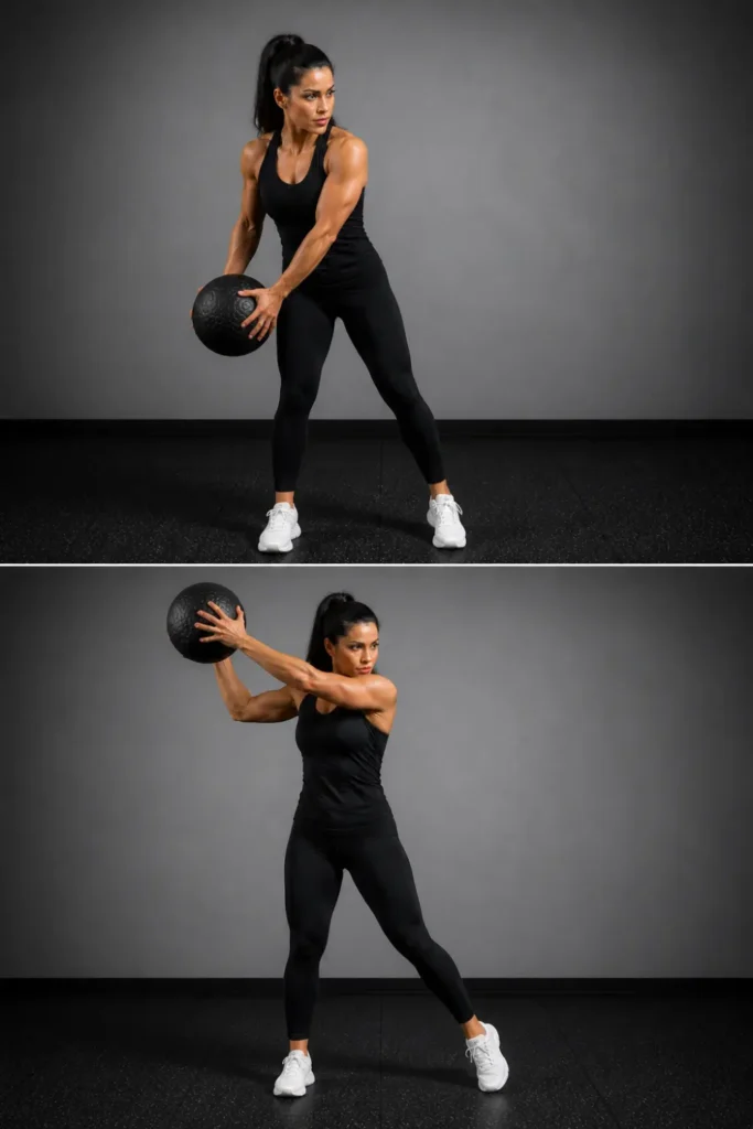 Two-panel image showing correct medicine ball wood chop from hip to opposite shoulder with full rotation.