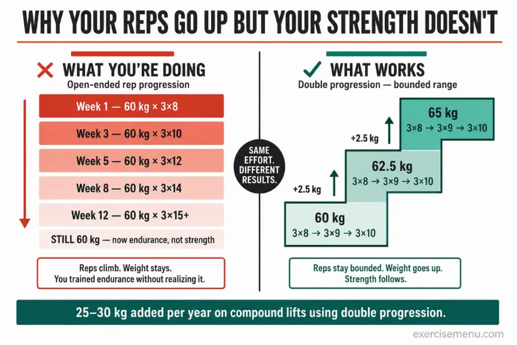 Split infographic comparing two approaches to progression — left side shows open-ended rep progression where weight stays at 60 kg while reps climb from 8 to 15 plus, drifting into endurance training. Right side shows bounded double progression where reps stay between 8 and 10, weight increases from 60 to 62.5 to 65 kg in a staircase pattern, accumulating 25 to 30 kg per year on compound lifts.