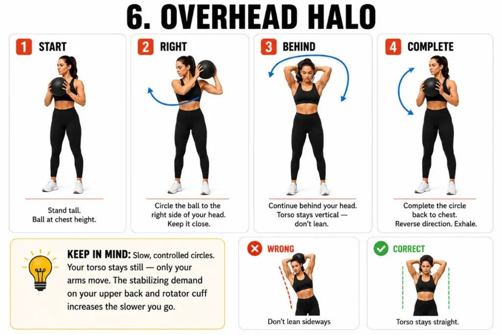 Four-panel instructional illustration showing a woman performing the overhead halo exercise with a medicine ball, including start, right side, behind head, and complete return positions with small correct and incorrect torso posture examples on a clean white background.