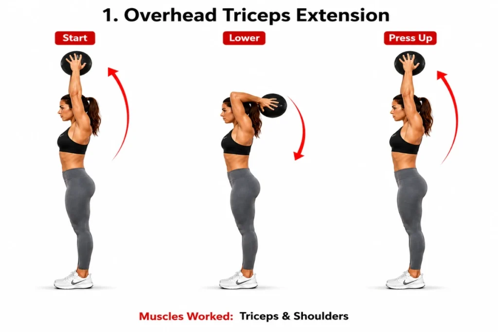 Woman performing overhead triceps extension with a medicine ball showing start, lower, and press up positions in a step-by-step instructional fitness illustration.