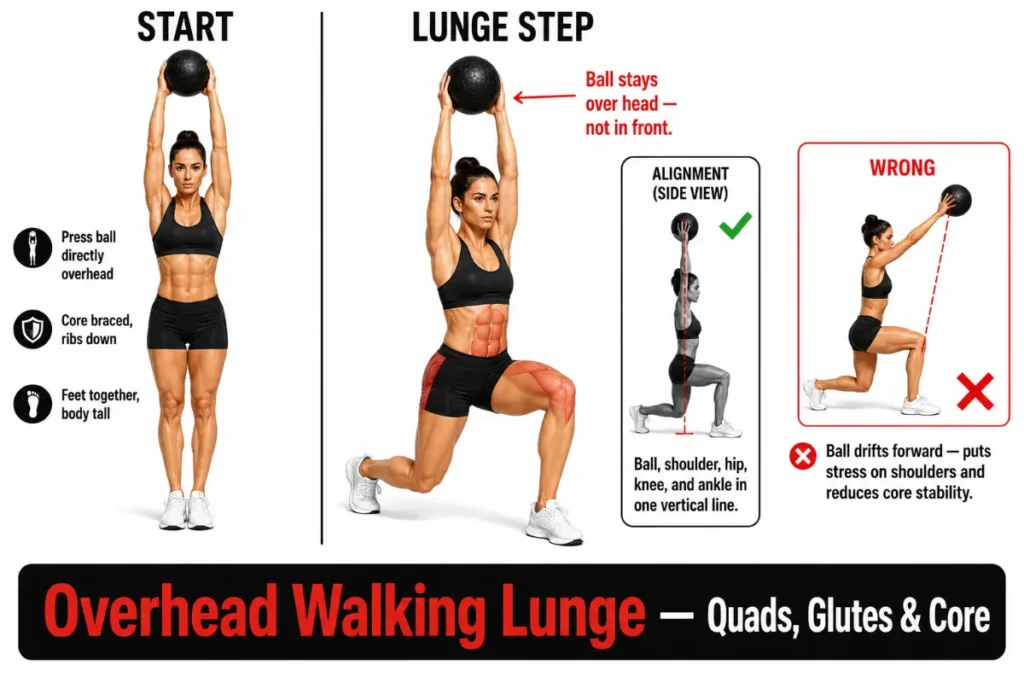 Woman demonstrating overhead walking lunge start and lunge step positions with overhead alignment and core stability cues.