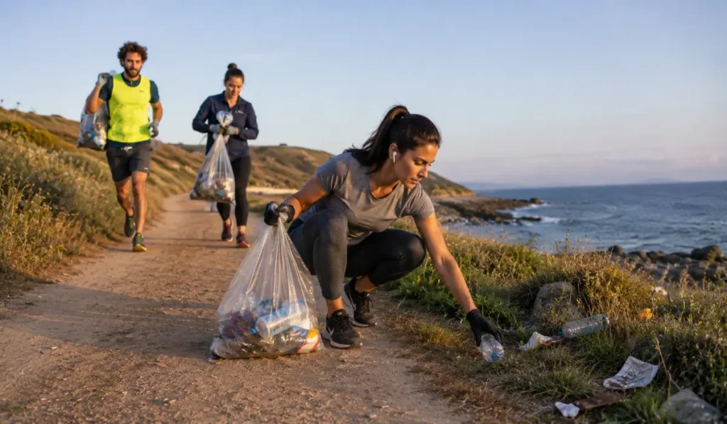 Young woman plogging on a coastal trail during sunrise, squatting to pick up plastic litter while holding a transparent trash bag, with two runners collecting trash behind her beside the ocean and grassy cliffs.