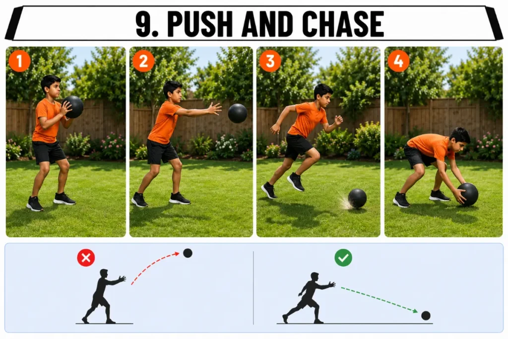 Instructional fitness infographic showing a boy performing a “Push and Chase” medicine ball exercise in an outdoor backyard setting. Four large panels demonstrate holding the ball in an athletic ready stance, pushing the ball forward from chest height, sprinting after the bouncing ball across the grass, and bending down to scoop up the ball. Bottom light-blue strip compares incorrect form with the ball traveling too high in the air versus correct form with the ball pushed low and forward along the ground.