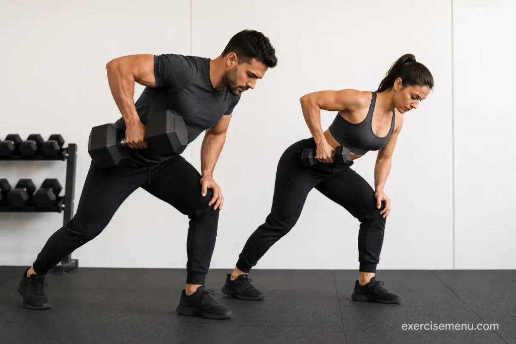 A couple performing dumbbell rows side by side in a gym — the man holding a heavier dumbbell and the woman holding a lighter one, representing how couples can do the same exercises with different loads when training together.