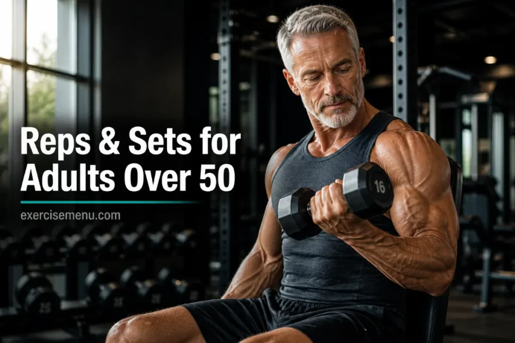 Cinematic image of a fit older man doing a dumbbell curl in a gym with text about reps and sets for adults over 50
