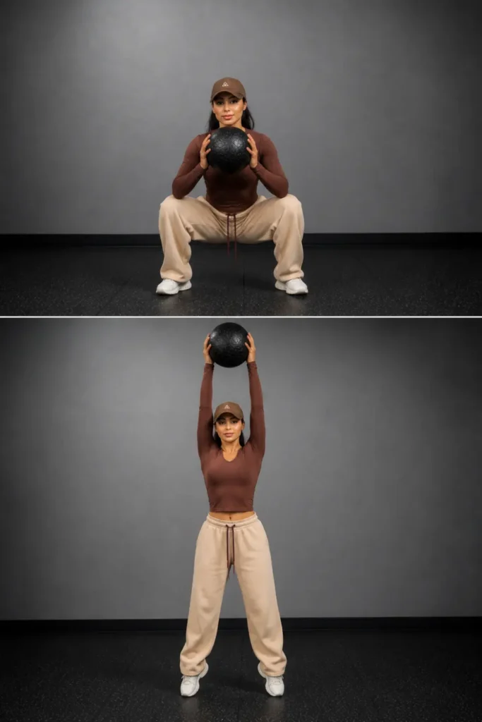 Two-panel image showing a woman performing a medicine ball squat to overhead press from deep squat to full extension.