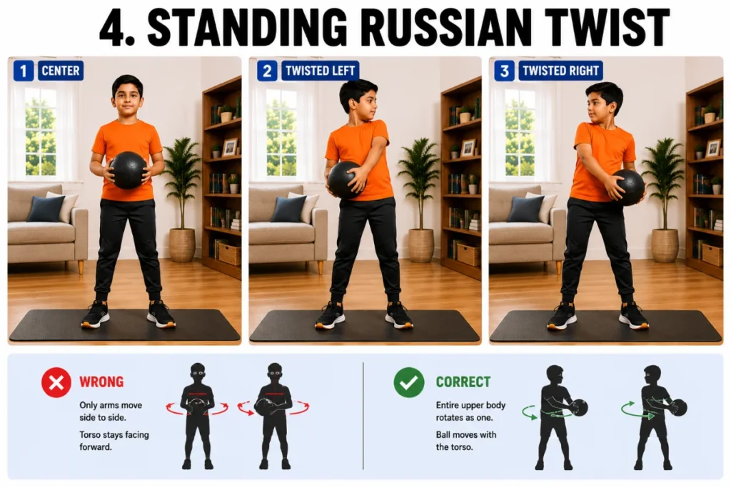 Instructional fitness infographic showing a boy performing a standing Russian twist exercise in a home living room. Three large panels demonstrate holding a medicine ball in front of the body, rotating the upper body to the left, and rotating to the right. Bottom light-blue strip compares incorrect form using only the arms versus correct form rotating the entire upper body together.