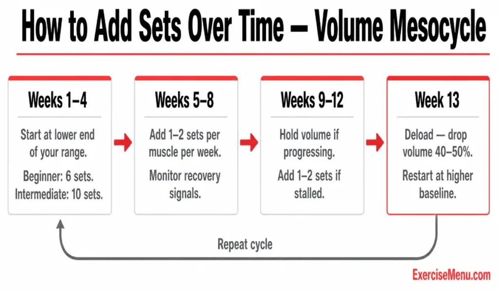 Timeline showing how to progressively add sets over a 13 week volume mesocycle
