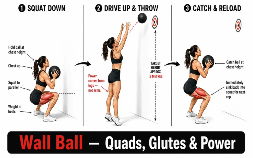 Woman demonstrating wall ball exercise sequence: squat down, drive up and throw, then catch and reload with power cues.