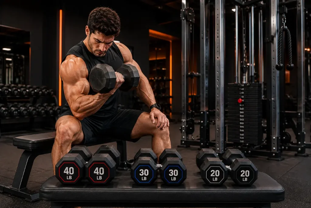 What Is a Drop Set and How Does It Work? Complete Guide Male athlete performing a dumbbell curl drop set with three descending weights arranged in sequence on a gym bench