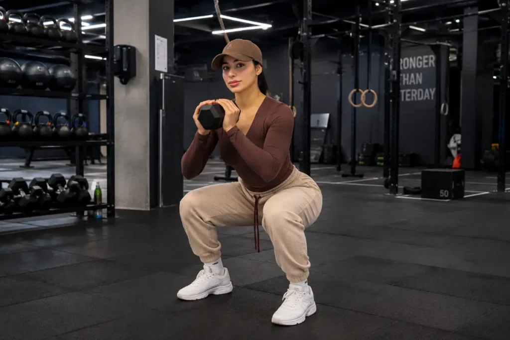 Woman performing circuit training workout with dumbbells in a modern gym