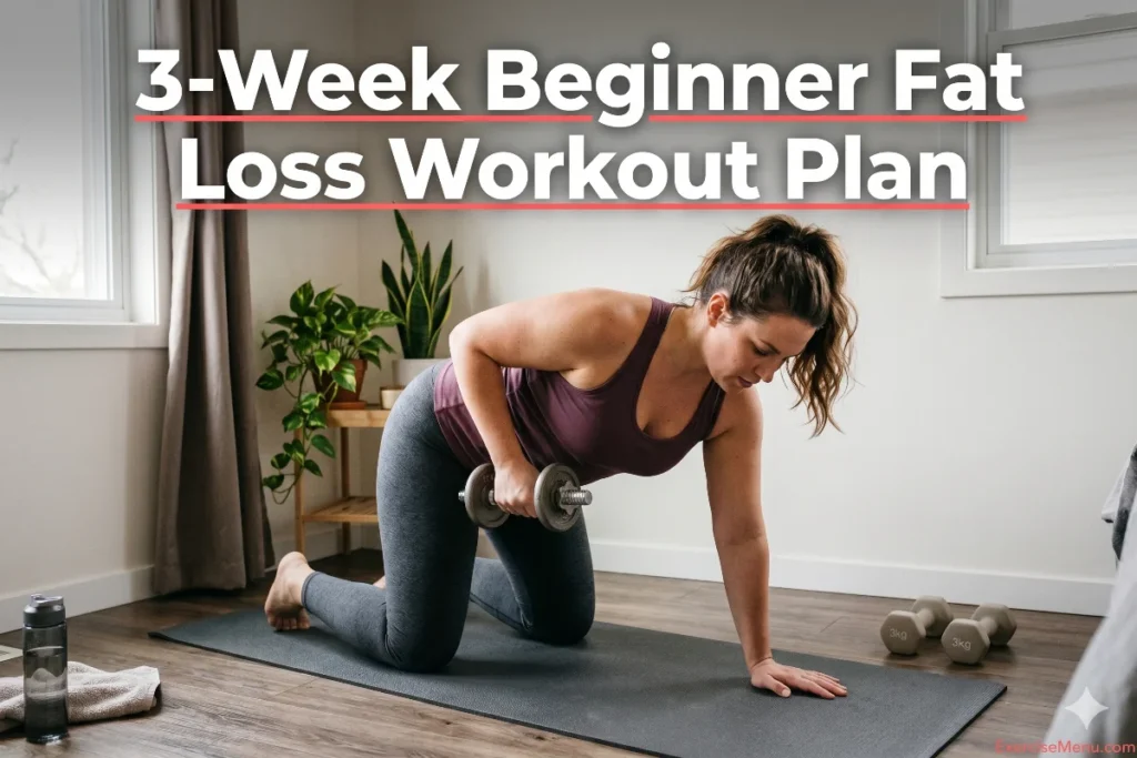 Woman performing a dumbbell row as part of a 3-week beginner fat loss workout plan for women at home