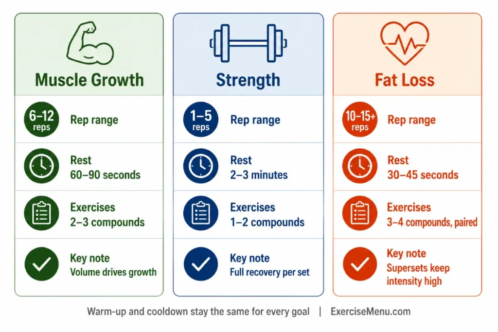 Comparison chart showing how to structure a 30-minute workout for three goals: muscle growth with 6 to 12 reps and 60 to 90 seconds rest, strength with 1 to 5 reps and 2 to 3 minutes rest, and fat loss with 10 to 15 reps and 30 to 45 seconds rest