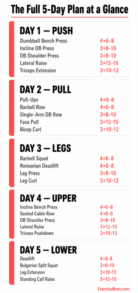 All five days of the home workout plan showing exercises sets and reps