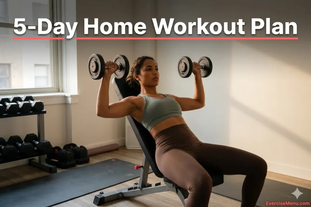 5-Day Workout Plan to Build Muscle at Home Woman performing dumbbell shoulder press as part of a 5-day home workout plan to build muscle