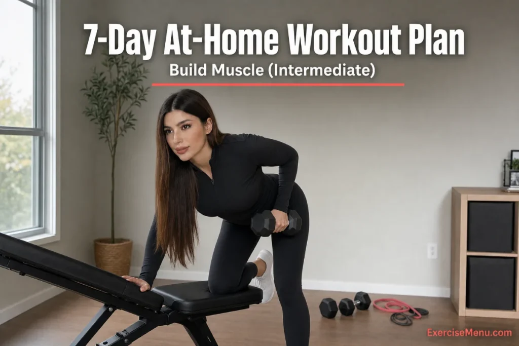 Person performing a dumbbell row as part of a 7-day at-home workout plan to build muscle for intermediate lifters
