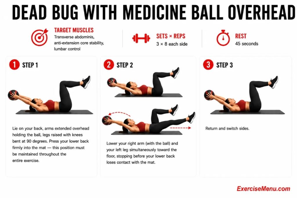Woman performing dead bug exercise with medicine ball held overhead lowering opposite arm and leg targeting transverse abdominis and anti-extension core