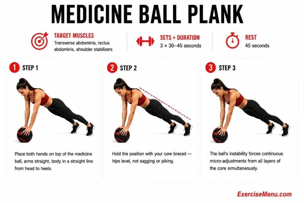 Woman in straight arm plank position with both hands on medicine ball maintaining straight body line targeting transverse abdominis