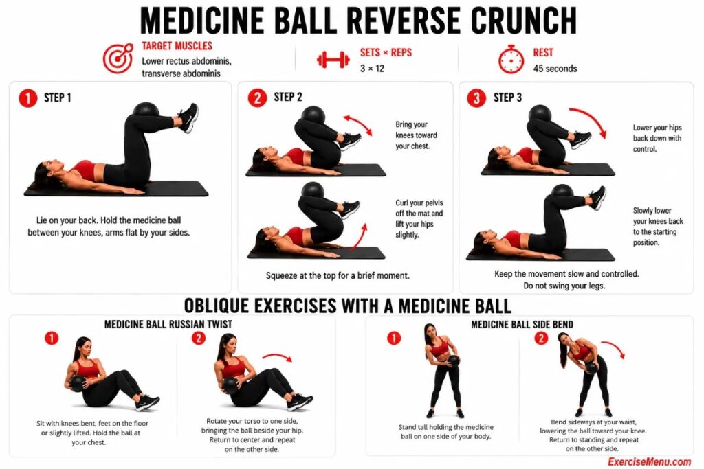 Woman performing medicine ball reverse crunch with ball between knees curling pelvis off mat targeting lower abs