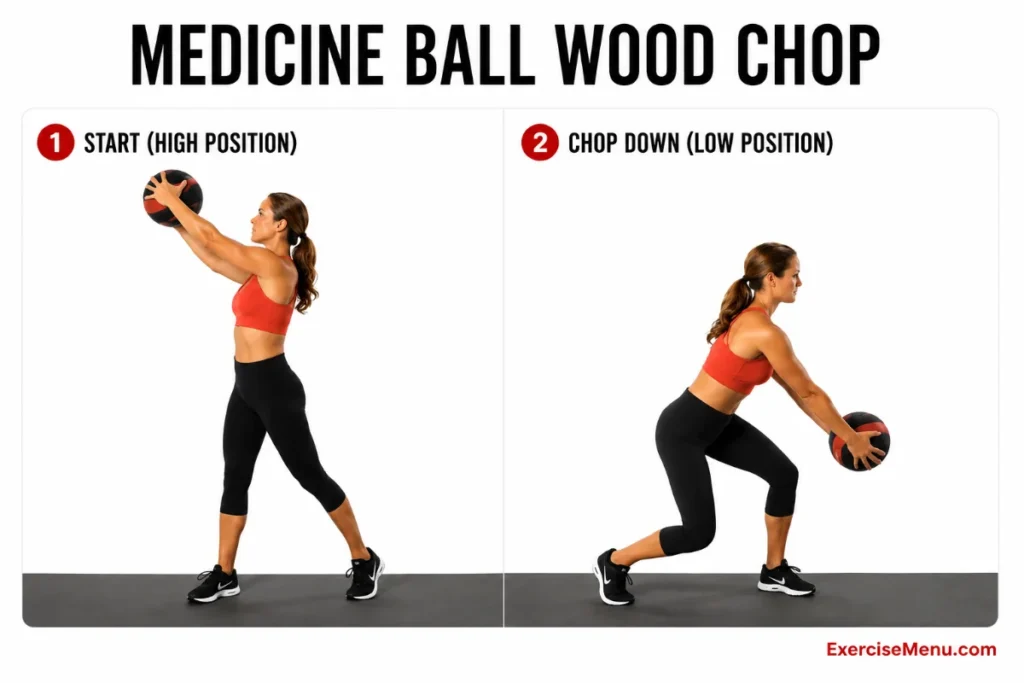 Woman performing standing medicine ball wood chop diagonally across body from shoulder to opposite knee targeting obliques