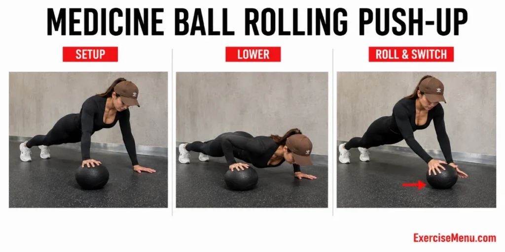 Person performing push-up with medicine ball under one hand rolling ball to opposite hand between reps