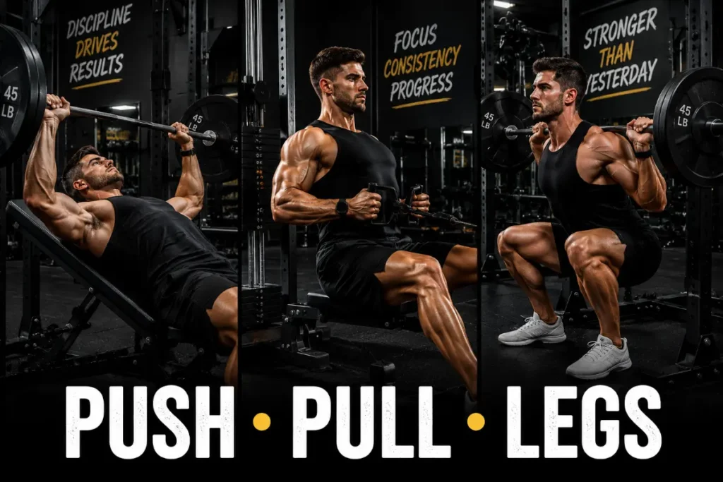 Push Pull Legs Split: How It Works, And How to Start? Muscular male athlete performing a push, pull, and legs workout split in a modern gym. Left panel shows an incline barbell bench press (push), center panel shows a seated cable row (pull), and right panel shows a barbell squat (legs). Dramatic side lighting, dark gym background, and bold "PUSH · PULL · LEGS" text create a high-contrast fitness editorial design.