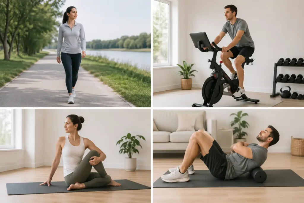 Four active recovery activities shown in a grid — walking outdoors, light stationary cycling, gentle yoga stretching, and foam rolling on a mat