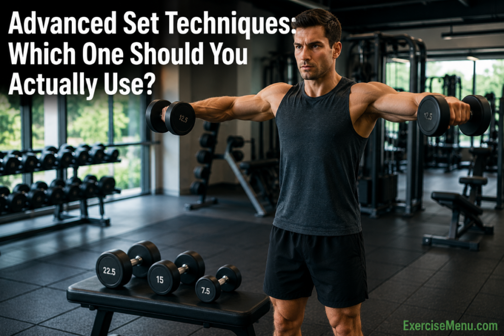 Athlete performing dumbbell lateral raises beside descending dumbbell weights in a gym, illustrating advanced set techniques for muscle-building workouts.