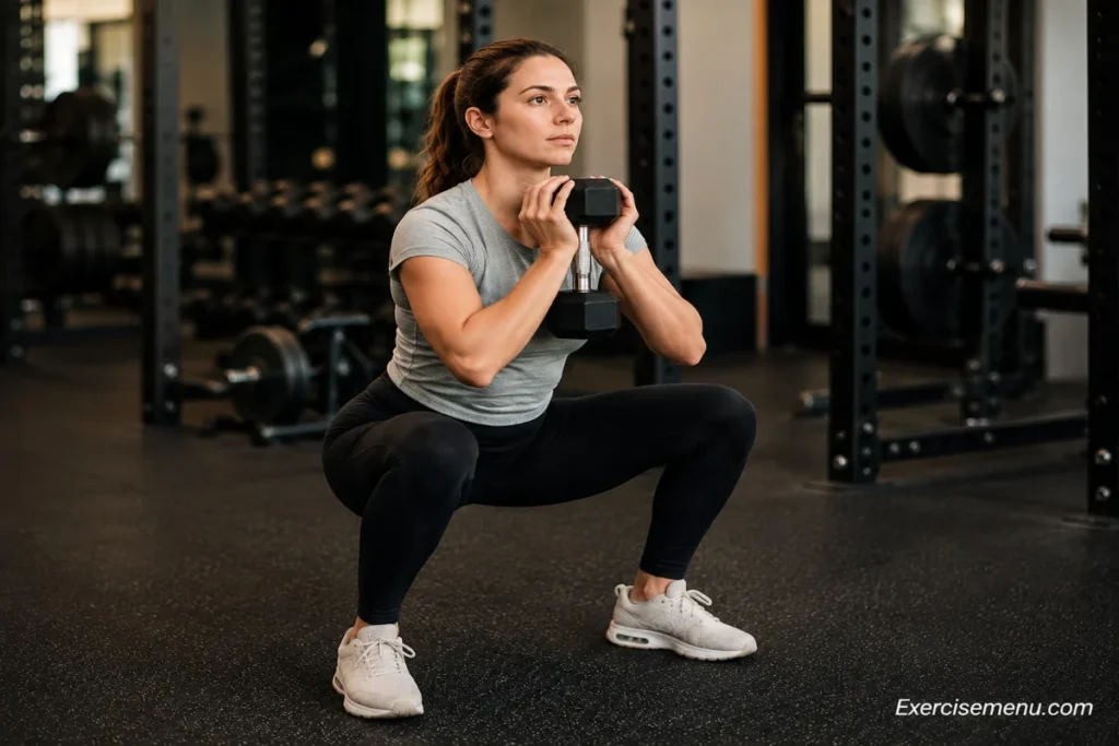 Beginner performing a goblet squat during a full body training session in a commercial gym