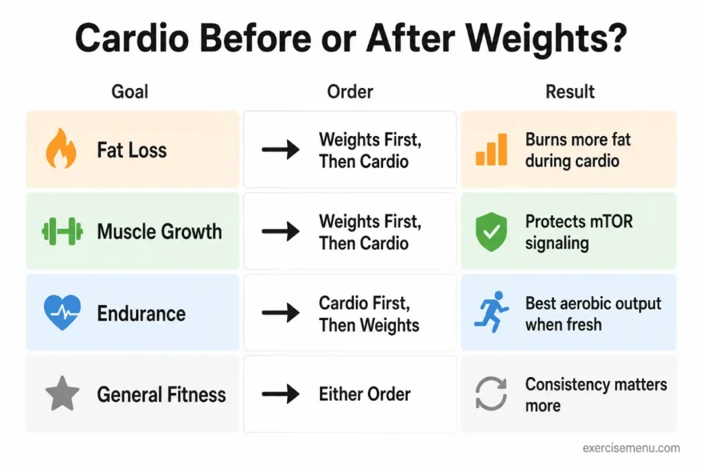 Infographic showing cardio before or after weights order by goal — weights first for fat loss and muscle growth, cardio first for endurance, either order for general fitness