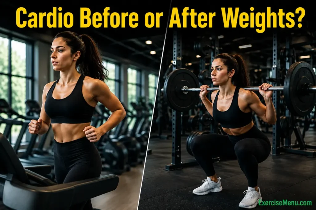 Should You Do Cardio Before or After Weights? What Science Says Athlete doing cardio and weights in gym — cardio before or after weights guide