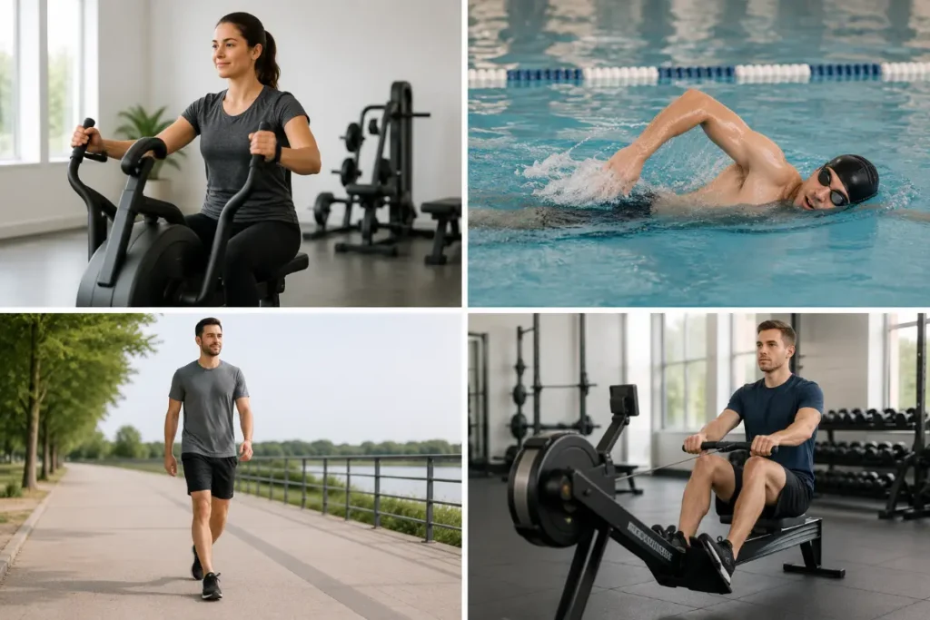Four safe cardio options after leg day — upper body ergometer arm bike, easy swimming, light walking, and rowing machine shown as alternatives to running after heavy lower body training
