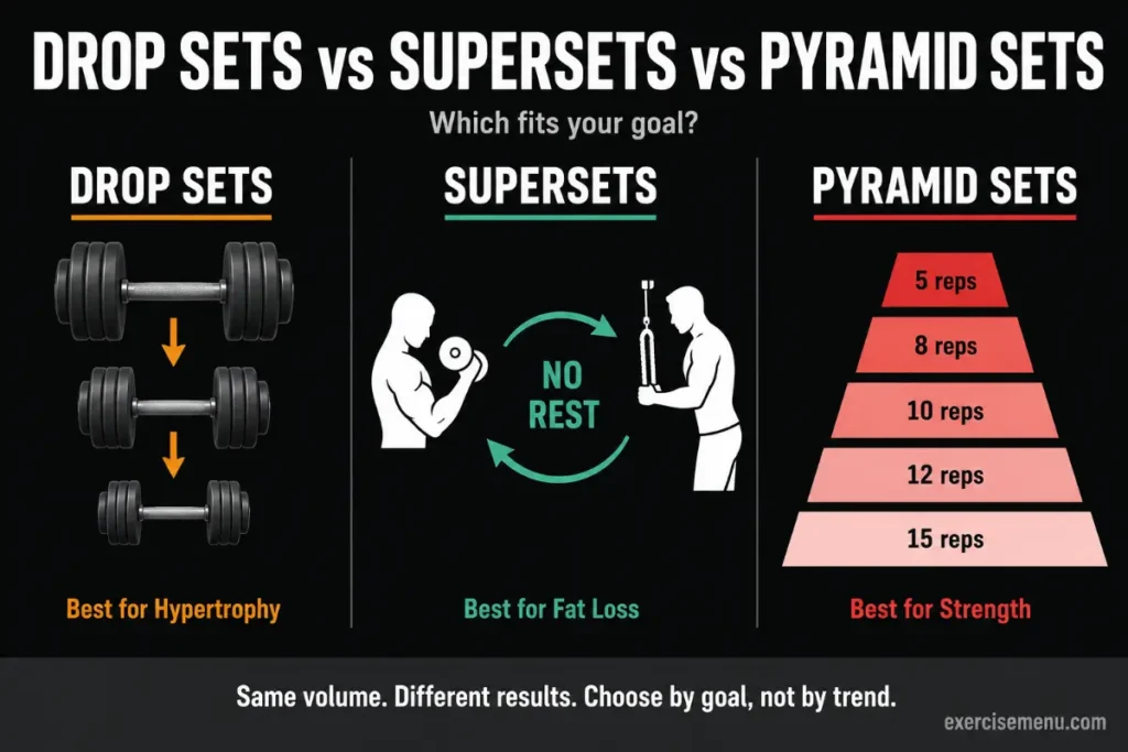 Comparison infographic showing drop sets, supersets, and pyramid sets, with visual examples of decreasing weights, back-to-back exercises without rest, and progressive rep ranges for different training goals.