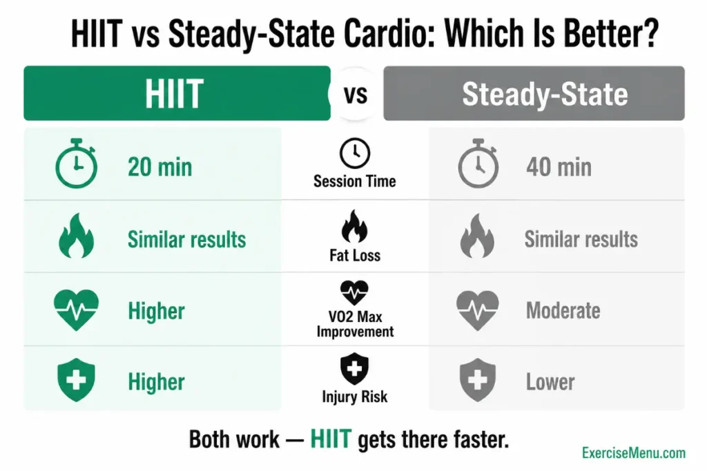 Comparison infographic of HIIT vs steady-state cardio for fat loss