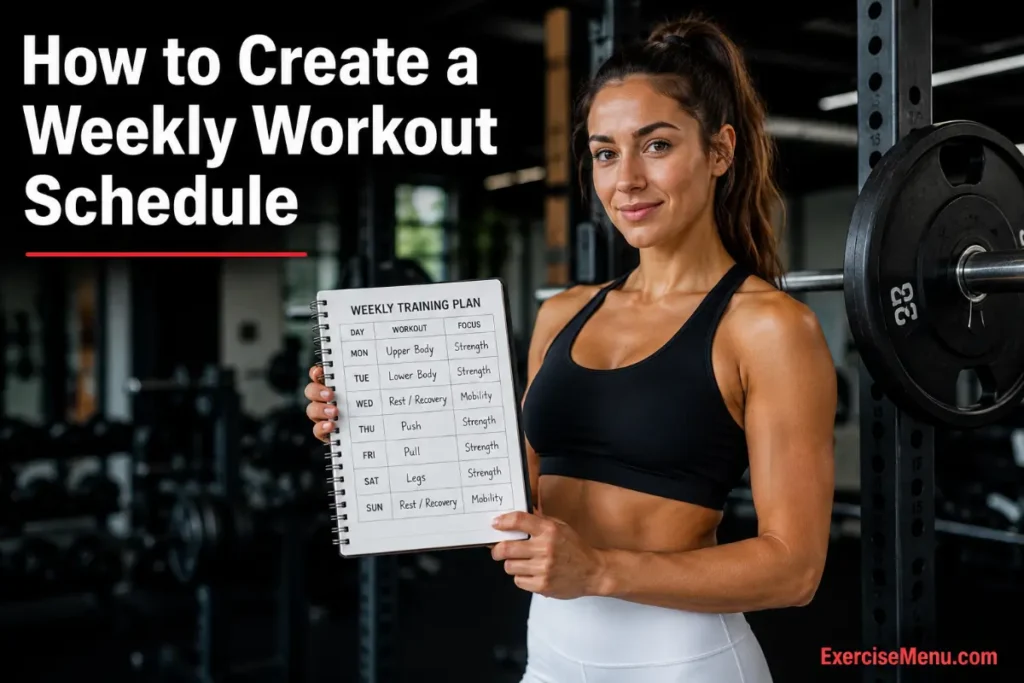 How to Create a Weekly Workout Schedule? Complete Guide Female athlete in gym reviewing weekly workout schedule plan