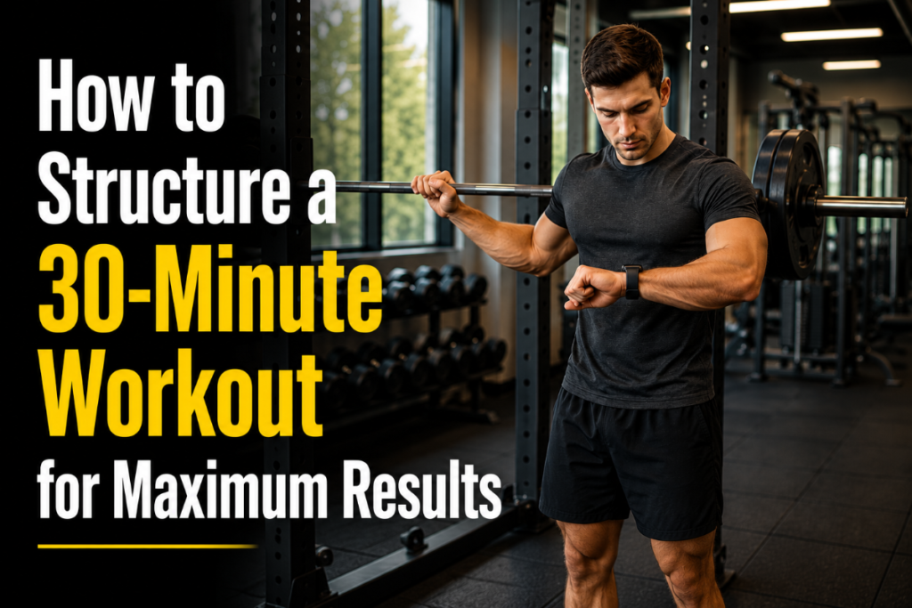 Fit male checking his watch while standing at a gym squat rack, ready to begin a structured 30-minute workout session