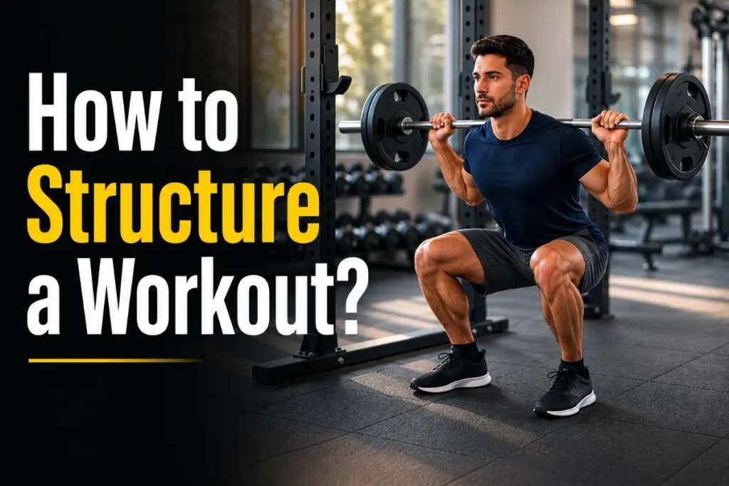 Man performing a barbell squat in a clean modern gym, representing a well-structured strength training session