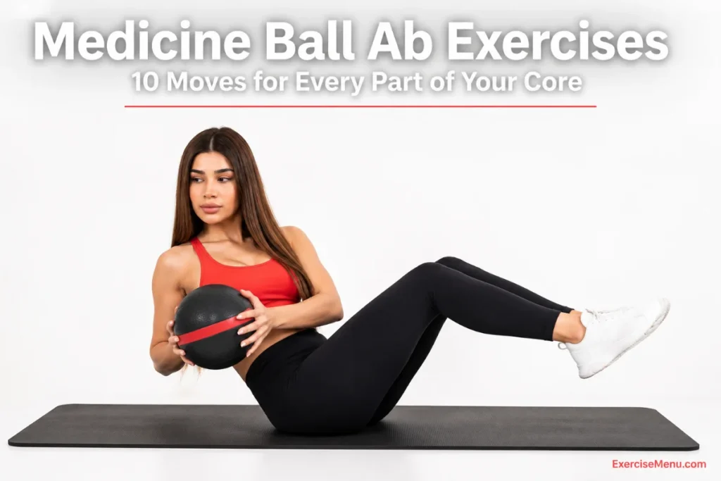 Woman performing medicine ball Russian twist on gym mat targeting obliques and rotational core strength