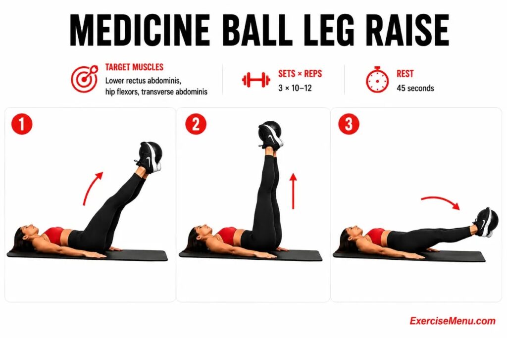 Woman performing medicine ball leg raise with ball held between feet raising legs to vertical targeting lower abs