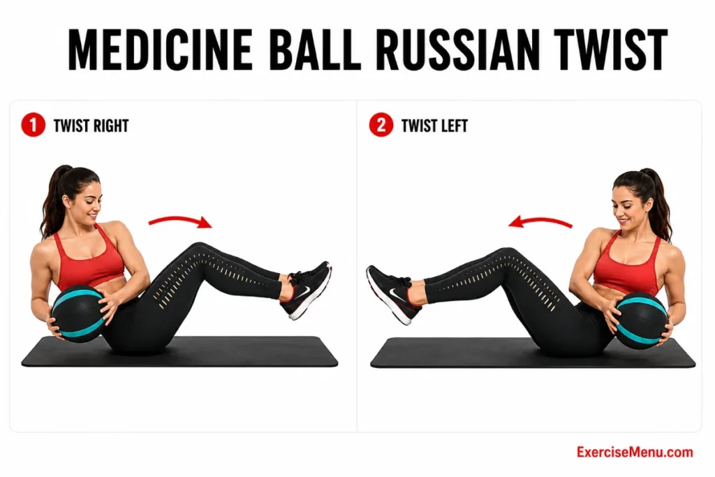 Woman performing medicine ball Russian twist with torso rotated to side targeting internal and external obliques