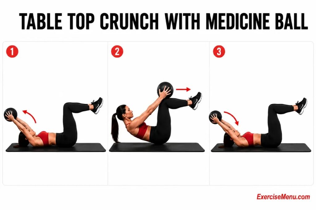 Woman performing table top crunch with medicine ball placed on shins targeting upper abs with lower back flat on mat