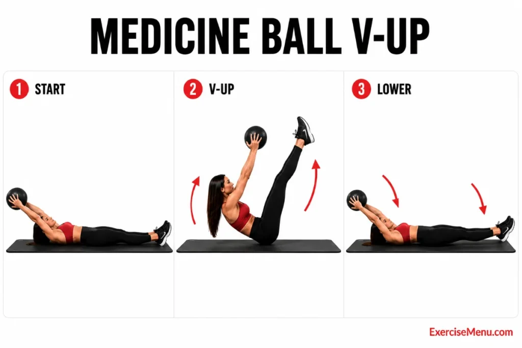 Woman performing medicine ball v-up raising legs and torso simultaneously to form V shape targeting upper and lower abs