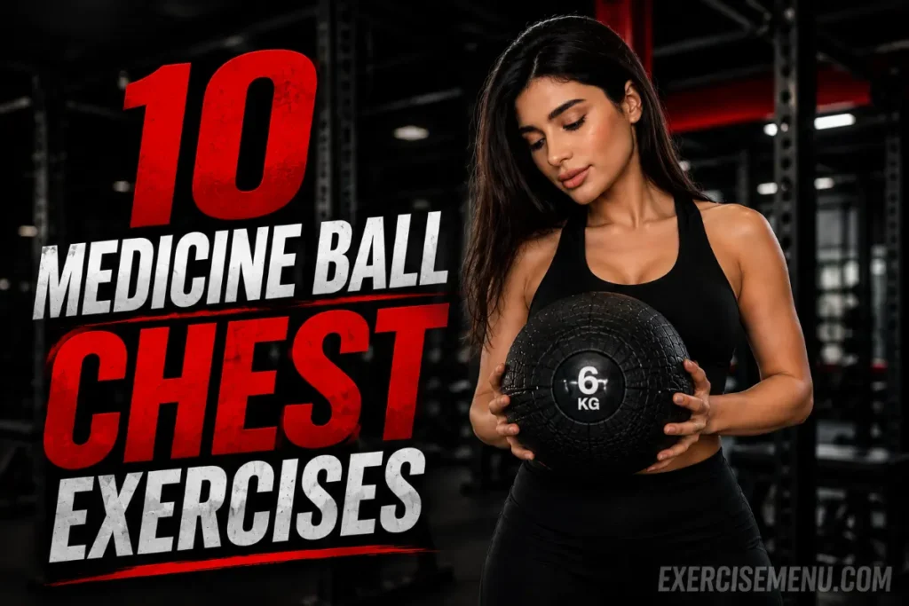 Person performing medicine ball floor press lying on back pressing ball upward from chest targeting pectoralis major