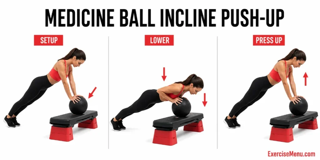 Person performing medicine ball incline push-up with hands on ball elevated on step targeting upper chest