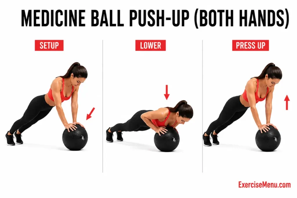 Person performing push-up with both hands on medicine ball lowering chest toward ball