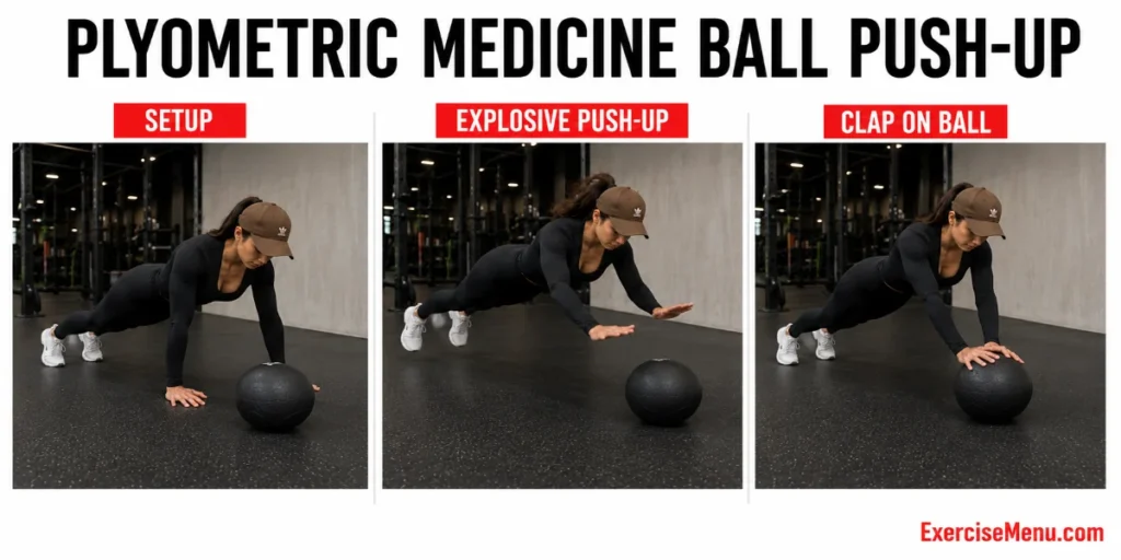 Person performing explosive push-up with hands leaving floor landing on medicine ball