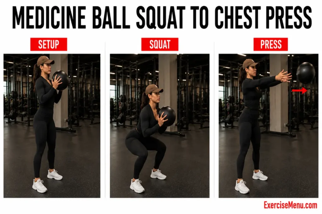Person at bottom of squat holding medicine ball at chest preparing to stand and press forward explosively