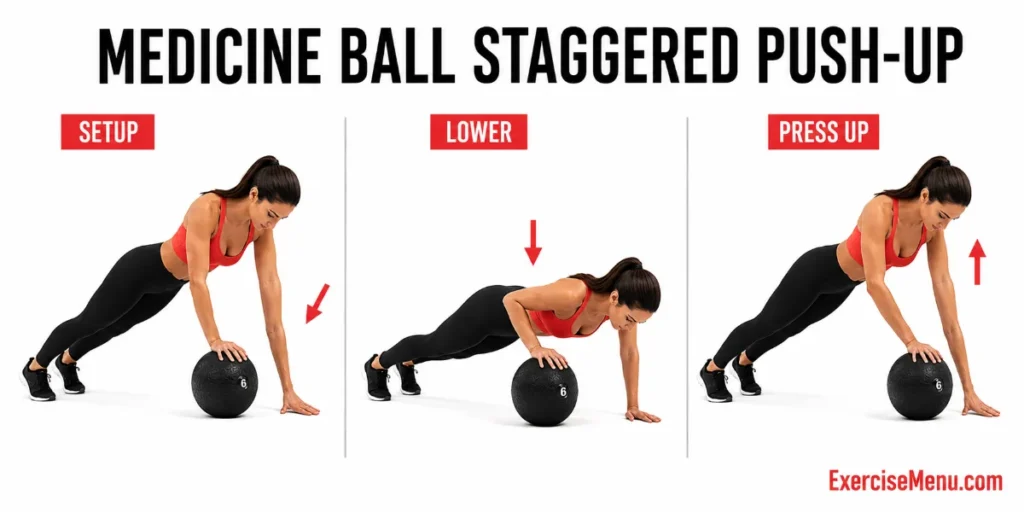 Person performing staggered push-up with one hand on medicine ball targeting upper chest unilaterally